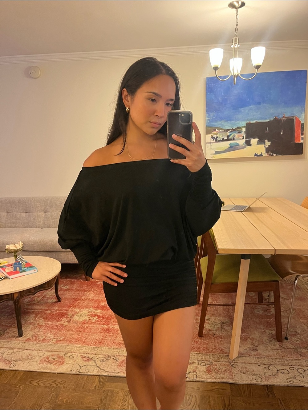 Off-Shoulder Black Ruched Mini Dress - Picture 3 of 6